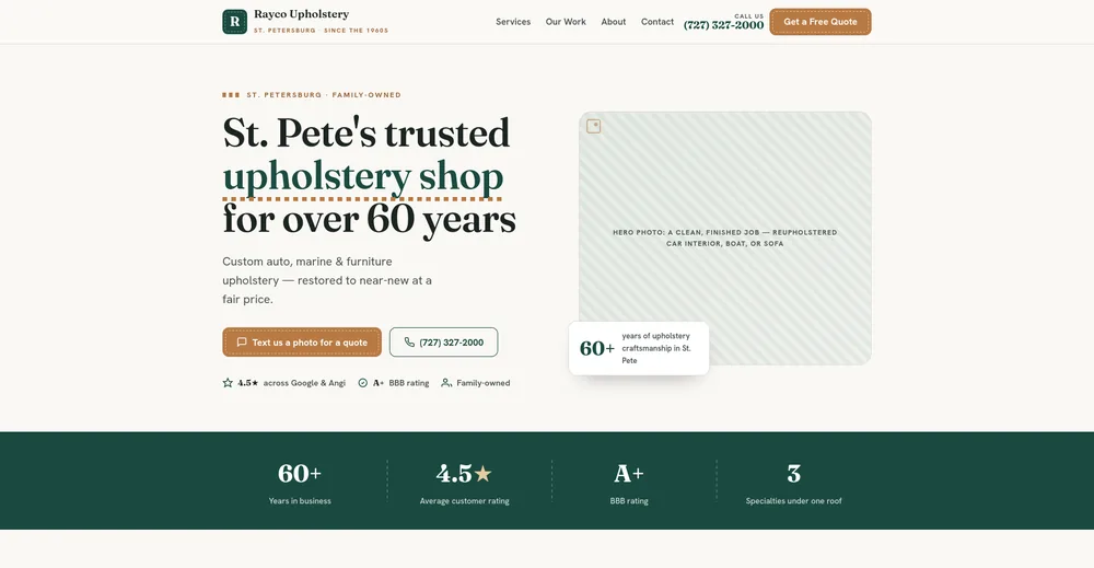 Above-the-fold preview of the Rayco Upholstery demo site